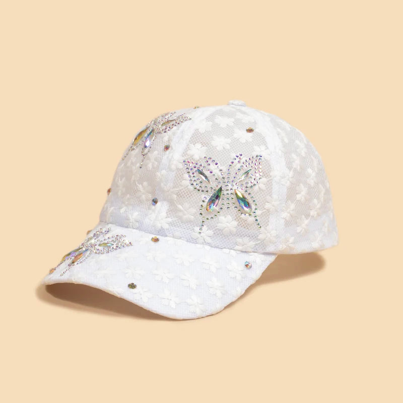 Fashion Women Spring Summer Baseball Caps Breathable Rhinestone Butterfly Hats Lace Hollow Caps