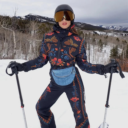Women's Skiwear Printed With Belt Jumpsuits Winter Female Stand Collar Long Sleeve Zipper Slim Jumpsuit New Ladies Ski Sportwear