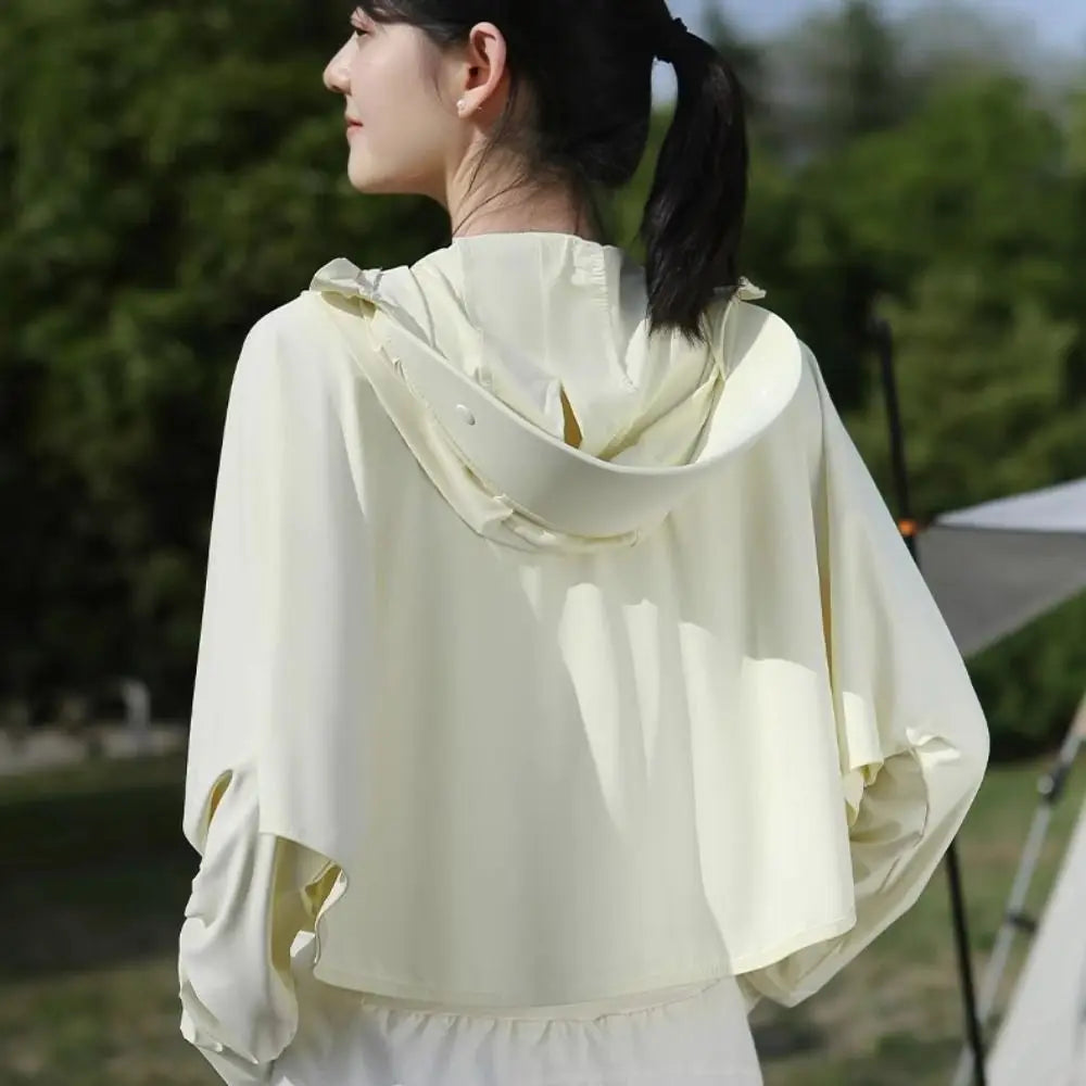 Solid Color Sunscreen Hoodie Long Sleeve Large Brim Hat Summer Sunscreen Shawl Thin Arm Sleeves Ice Silk Short Jacket Running