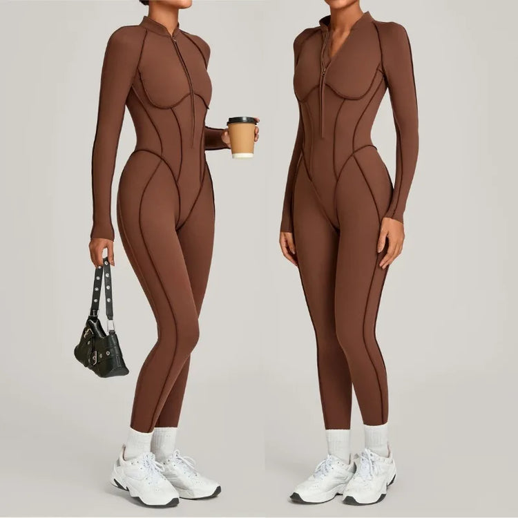 Women's Winter Yoga Jumpsuits Sports Fitness Hip-Lifting Slimming One-piece Zipper Long-Sleeved Outdoor Gym Workout Bodysuits