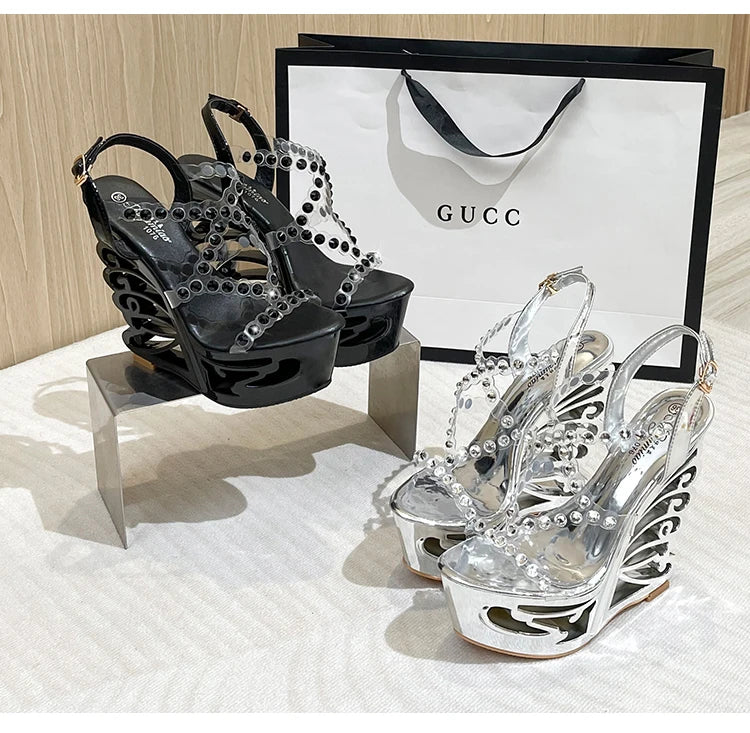 Voesnees Summer New Hollow Out Wedge Women's Pumps Shiny Sequins Fashion Party Shoes Club Heels Transparent Narrow Belt Sandals