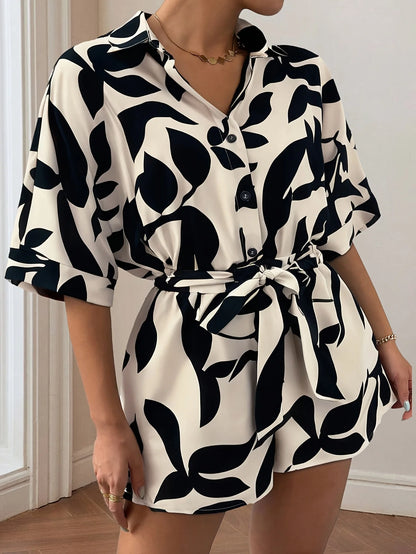 Plus-size Women's Casual Front Snap Shirt Collar Short Sleeve Printed Overalls with Bow Ties