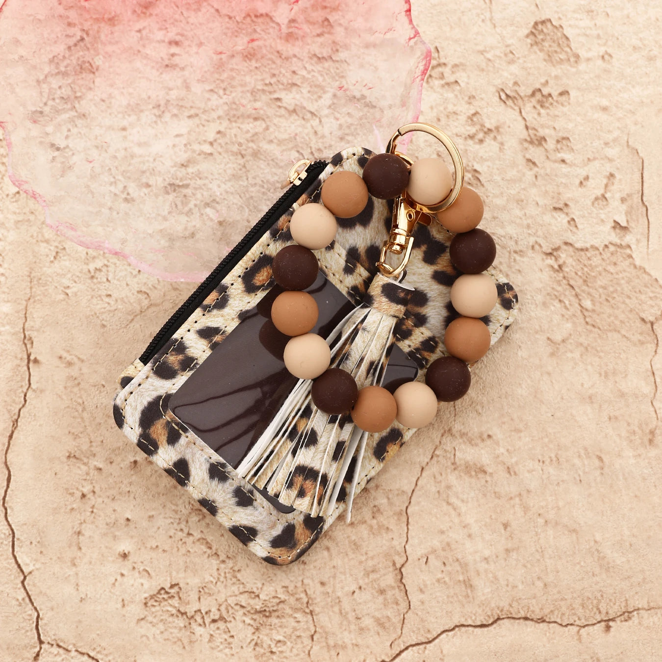 2025 Silicone bead pu leather key chain wristlet id credit card holder keychain wallet for women with bangle bracelet
