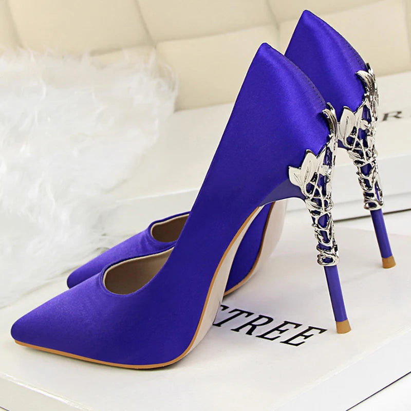 Women Luxury Metallic Decoration Heel Wedding Shoes Lady Trendy 10cm High Heels Pointed Toe Shoes Female Premium Gray Shoes