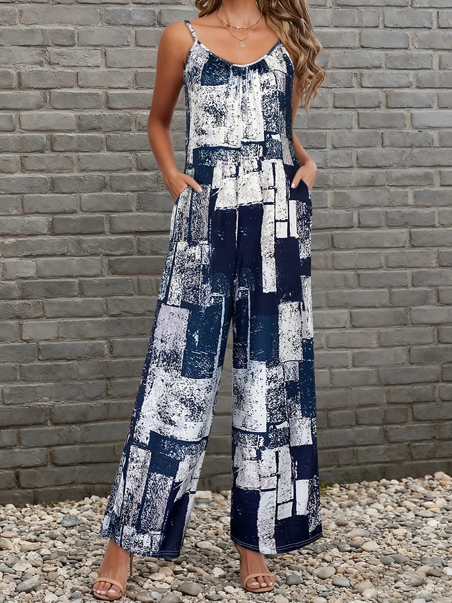 Women's Navy Abstract Block Print Spaghetti Strap Jumpsuit, V Neck Loose Wide Leg Pants Romper With Side Pockets