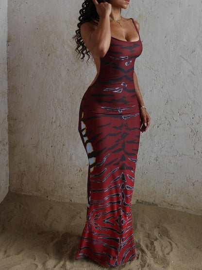 Kliou Sexy Backless Long Dresses Woman Tiger Stripe Low-Neck Sleeveless Splits Skinny Peach Hip Midnight Club Party Vestidos