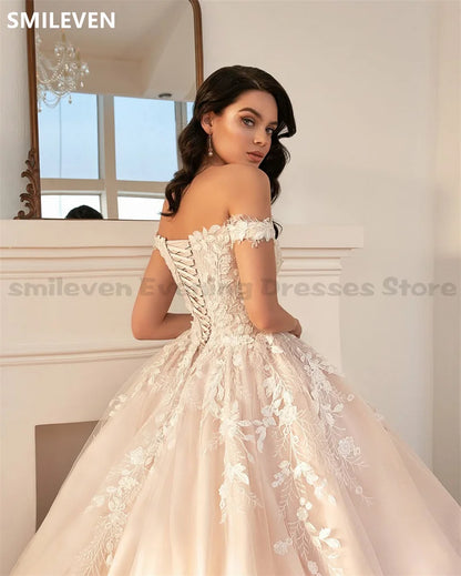 LORIE V Neck Lace Wedding Dresses Off Shoulder فساتين سهAppliques Bride Dress Elegant Shiny Modest Wedding Gowns 2025 Customized
