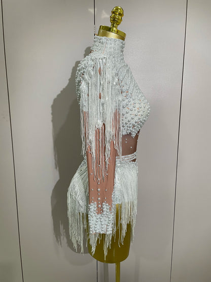 Women Sparkly Rhinestone Sequin Tassel Stretch Bodysuits 2025 New Arrival Birthday Party Nightclub Dj Stage Performance Costume