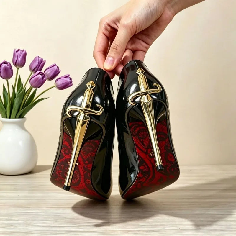 Women's Exquisite Metal Sword Pointed Toe High Heels Pumps Shallow Mouth Single Shoes Spring Sexy Stiletto Footwear