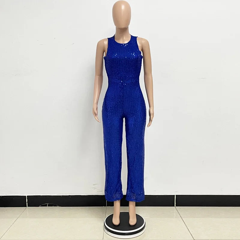Bling Bling Sequined Club Jumpsuit Sexy Women O-neck Elegant Shiny Sliver Gold Sequins Straight Romper Overalls