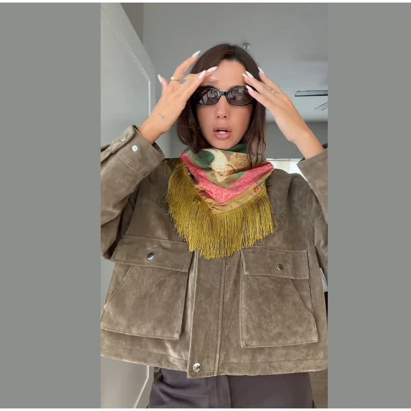 Tassel Floral Women ’s Scarf Large Square Silky Satin Scarf With Olive Fringe Trim Scarf Female 2026 Spring Woman Accessory