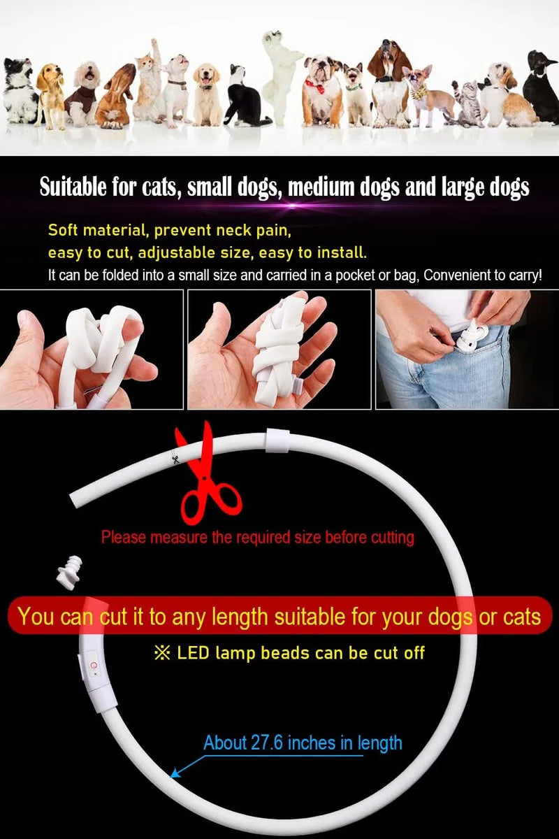 Adjustable USB Rechargeable LED Dog Collar - Multi-Color, 4 Flashing Modes, Cut-To-Fit Design for Nighttime Safety & Visibility