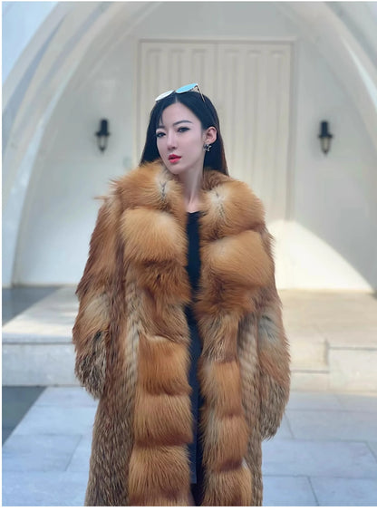 European and American big brand light luxury rare red fox fox fur coat women's long aura high-end catwalk young style winter