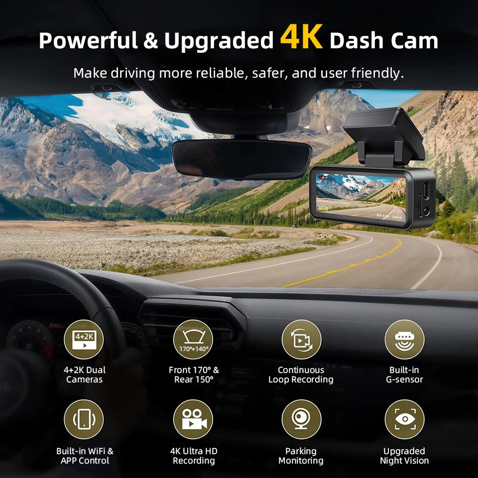 Acceo 4K Dashcam WIFI GPS CAR Video Recorder Dual Lens Support 2.5K Rear Camera Night Vision 24H Parking Monitoring Black Box