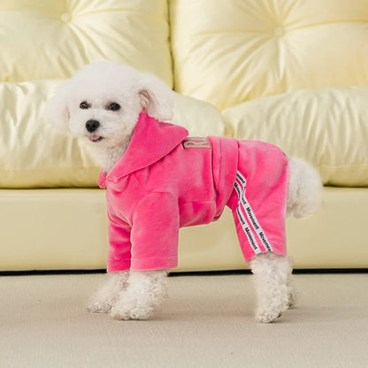 Soft Velvet Dog Jumpsuit Puppy Pajamas Onesie with Hoodie Pet Apparel Spring Autumn Cozy Dog Clothes for Small Medium Dogs