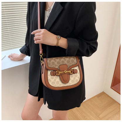 Women Retro Print Saddle Crossbody Bag Luxury Horse Bit Buckle Small Shoulder Bag Fashion PU Leather Ladies Daily Handbag