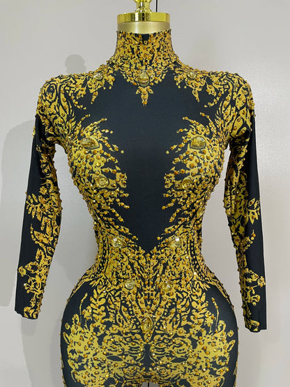 Luxury Sparkly Diamonds Print Long Sleeves Stretch Jumpsuit Evning Party Dancer Nightclub Bar DJ Sexy Stage Performance Costumes