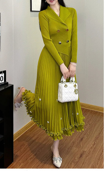 EGRM Miyake Pleated Long Dress Autumn Hot Sale Women's Double Breasted Waist Cinching Slimming High-end Stylish Versatile Skirt