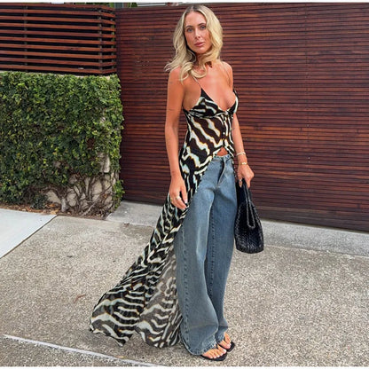 Women's Zebra Print Sheer Chiffon 2 Piece Set V-Neck Slip Tank Top Wide Leg Pants Casual Vacation Chic Outfits