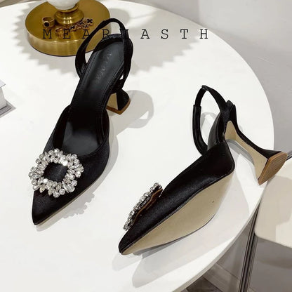 Brand Silk Women Pumps Luxury Crystal Slingback High Heels Summer Bride Shoes Comfortable triangle Heeled Party Wedding Shoes