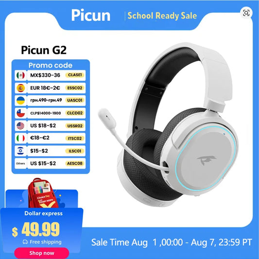 Picun G2 Wireless Gaming Headset Bluetooth 2.4G Headphones 7.1 Surround 5ms Low Latency ENC Mic for PC PS4 PS5 Phone Switch