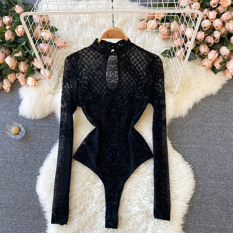 SINGREINY Fashion Women Velvet Slim Playsuits Long Sleeves Vintage Bodycon Rompers Streetwear Y2K Ins Chic Mesh Sexy Bodysuits