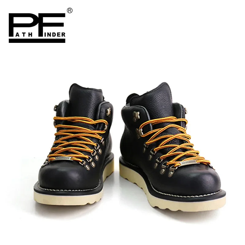 pf Fashion Genuine Leather Motorcycle Boots Men's Hiking Work Boots Women Ankle Western Boots Non-slip Round Toe