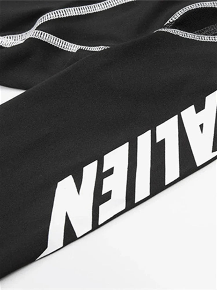 2025 Women Sexy Mesh Patchwork Letter Print Bodysuit Fashion Balck Patchwork Long Sleeve O-Neck Fitness Tops Wild Streetwear