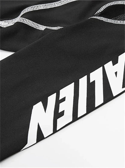 2025 Women Sexy Mesh Patchwork Letter Print Bodysuit Fashion Balck Patchwork Long Sleeve O-Neck Fitness Tops Wild Streetwear