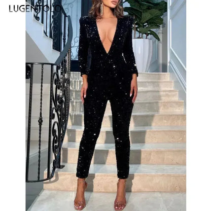 Women Sexy Jumpsuit Long Sleeve V-neck Sequins Black Skinny Party Female Fashion High Waist Jumpsuits Lugentolo