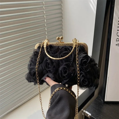 Luxury Women Chain Shoulder Bag Chiffon 3D Flower Banquet Bag Fashion Evening Bags Fashion Clutch Handbag Trendy Crossbody Bag