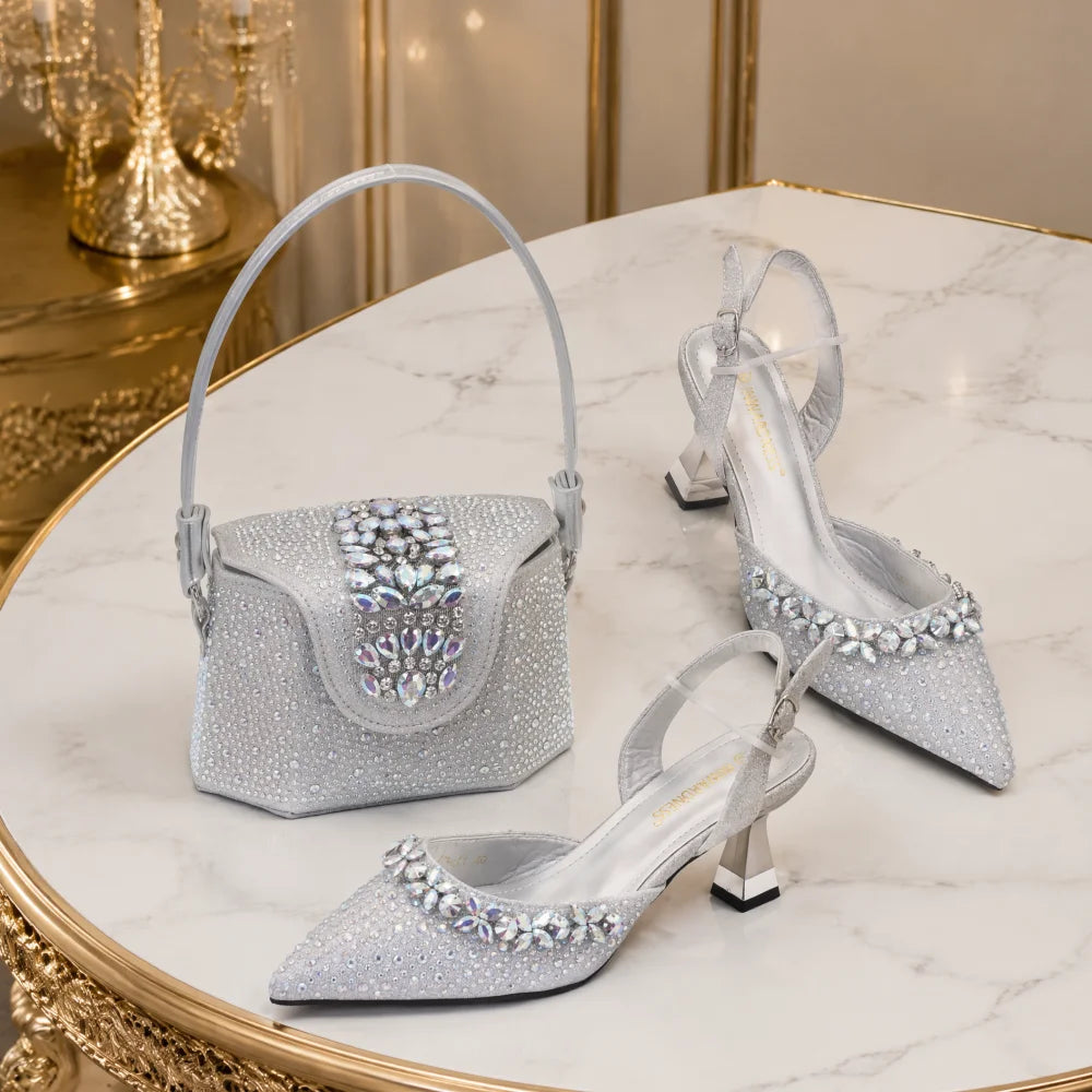 Italian Shoe and Bag Set Designer Wedding Nigerian Wedding Matching Shoe and Bag with Rhinestone Luxury Woman Shoes