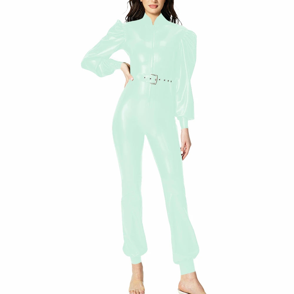 Plus Size Fashionable PVC Patent Leather Jumpsuit for Women Latex-look Clubwear Stand Collar Belt Puff Long Sleeve Slim Rompers