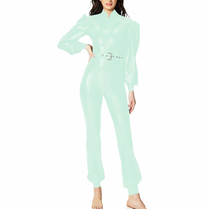 Plus Size Fashionable PVC Patent Leather Jumpsuit for Women Latex-look Clubwear Stand Collar Belt Puff Long Sleeve Slim Rompers