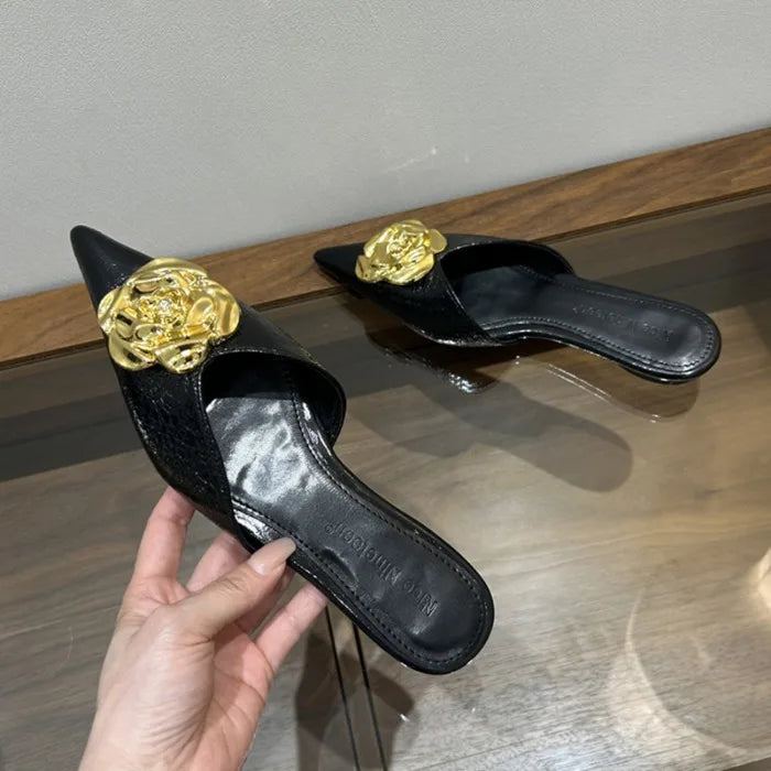 Flower Women Flats Slippers Pointed Toe Elegant Mules Shoes Fad Slingback Sandals 2025 Summer New Luxury Flip Flops Mujer Slides