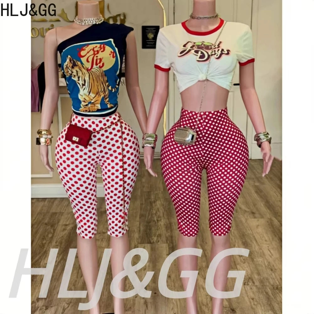 HLJ&GG Fashion Y2K Letter Print Tshirts Two Piece Sets Women O Neck Short Sleeve Crop Top And Polka Dot Shorts Outfit Streetwear