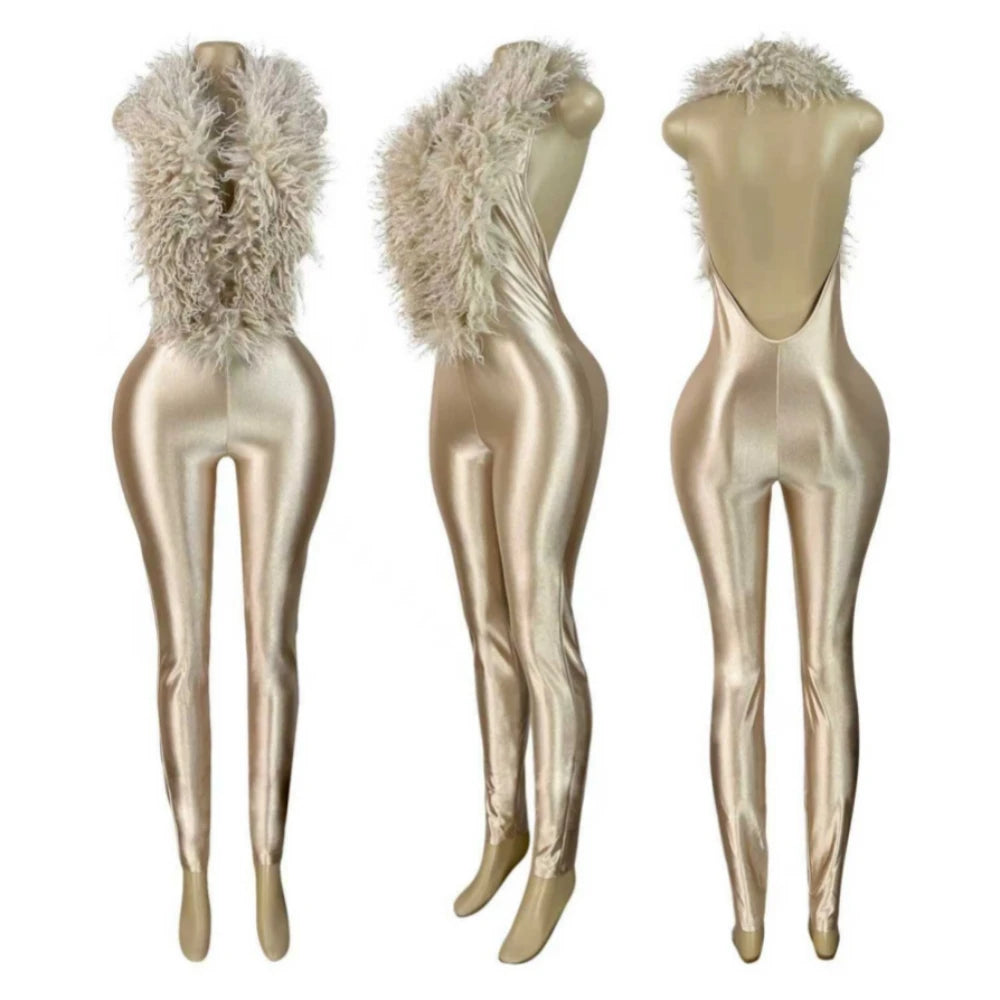 FAGADOER Women Faux Fur Halter Jumpsuit Deep V Neck Sleeveless Shiny Bodycon Long Pants Sexy Party Clubwear One Piece Outfit