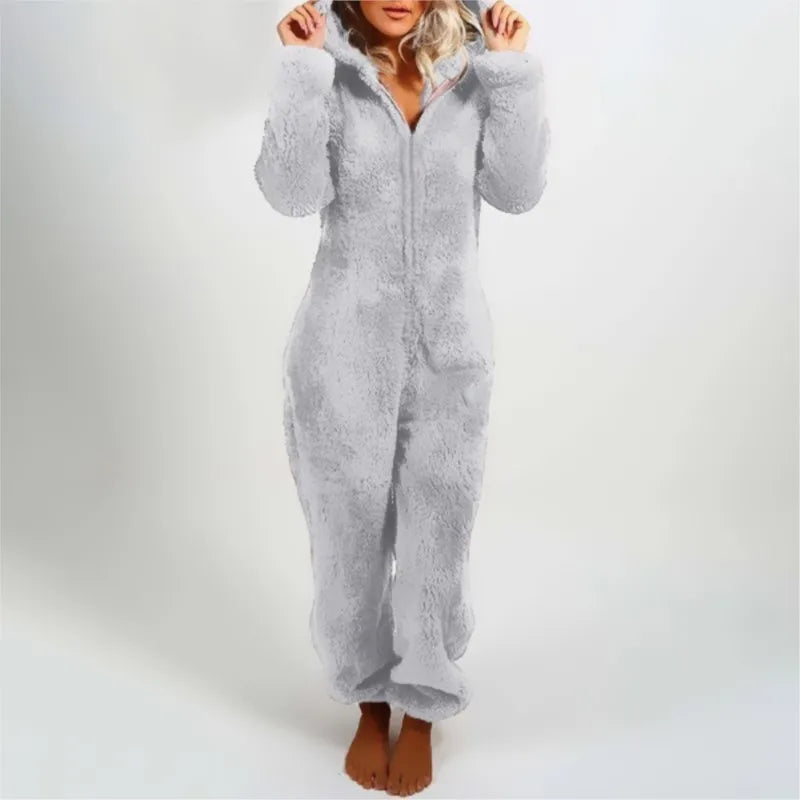 Casual Cute Women's Thick Warm Furry Jumpsuit One-Piece Solid color Hooded Pants Set Home Wear Comfortable Jumpsuits Overall