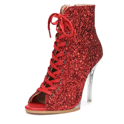 Transparent High Heels Jazz Dance Shoes Sexy Peep toe Luxury Silver Gold Pink Red Heeled Outdoor Party Ankle Boots for Women