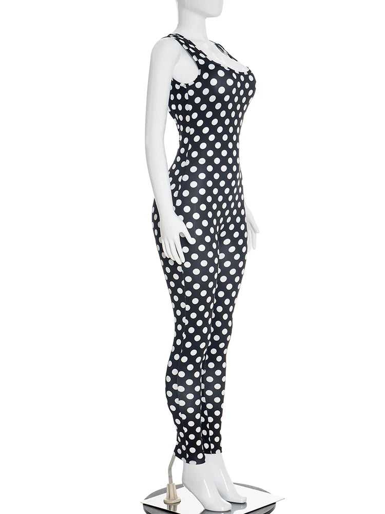 Yomesugar 2026 Summer Women's Polka Dot Printed Backless Jumpsuits Sexy Square Collar Sleeveless Skinny Rompers Party Clubwear