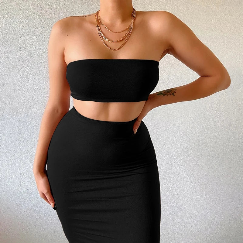 Hugcitar Women Elegant 2 Pcs Sets Strapless Sexy Tube Crop Tank Top Maxi Skirt 2025 Summer Women Casual Clothes Party Festival