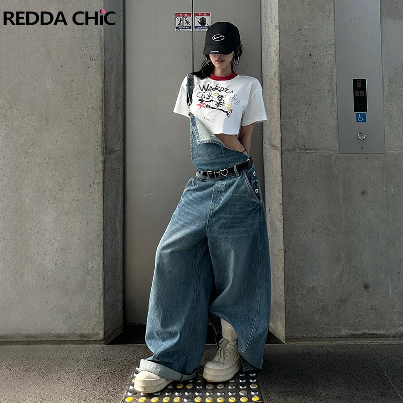 ReddaChic Women's Wide Leg Denim Overalls Casual Chic Autumn Winter Romper Loose Floor-Length Jumpsuit Jeans Trousers Rompers