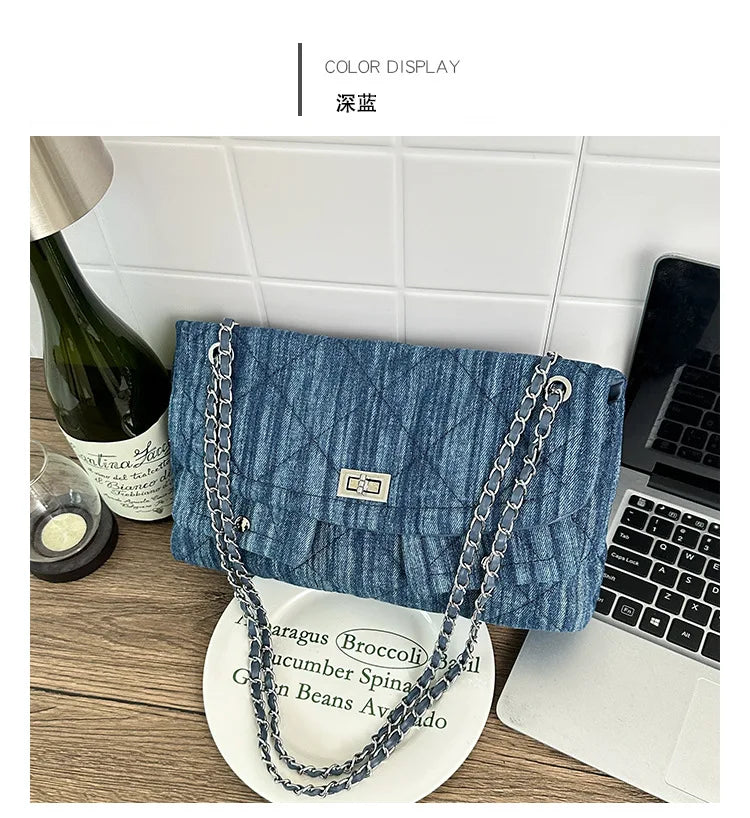 Korean Brand Shoulder Bag 2026 New Denim Side Bags for Women Ladies Crossbody Solid Fashion Chain Designer Daily Commuter City
