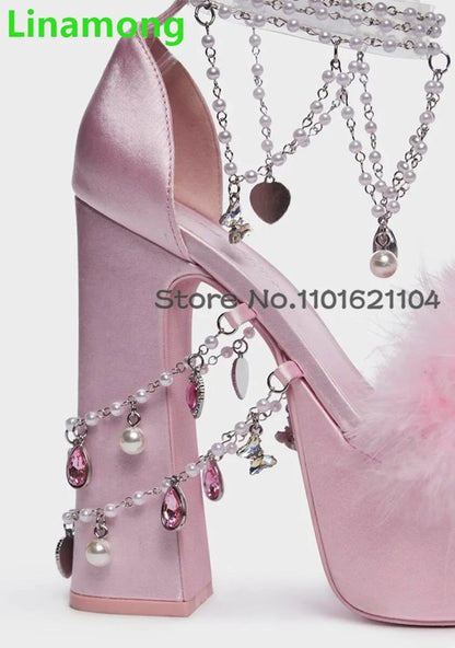 Pink Fur Crystal Chain Luxury Design Sandals For Female Women 2024 New Square Heel Platform Elegant Fashion Sweet Summer Shoes