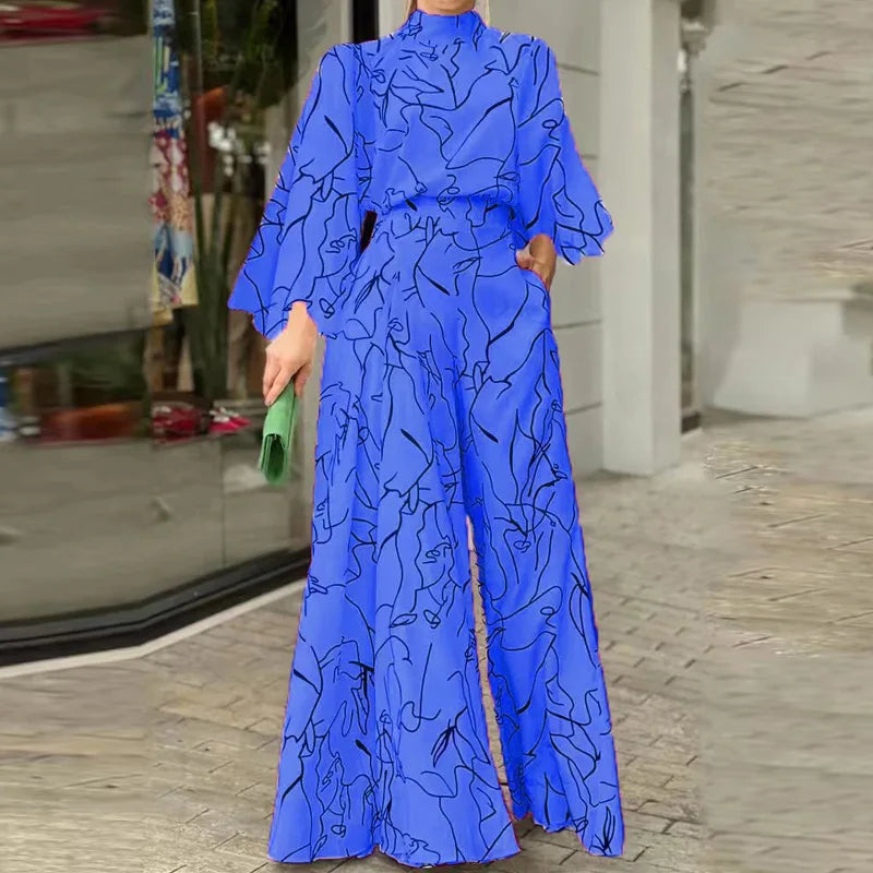 Casual Elegant Jumpsuits Women Autumn New Loose Long Pants Long Sleeve Printed High Waist Wide Leg Jumpsuit Commuting Playsuits