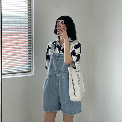 Women's Denim Overalls Short Trousers Wide Leg Loose Fit Thin Jumpsuit Korean Style for Petite Ladies Casual Clothing