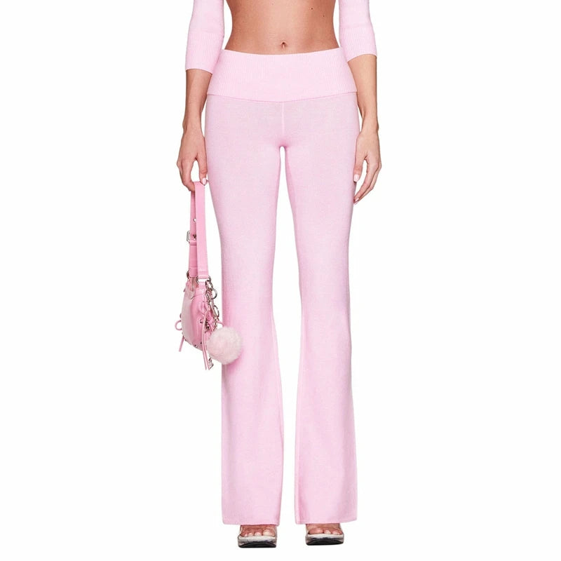 Combhasaki Women's Y2l Knitted Flared Long Pants Slim Fit Solid Color Fold Over Waist Elastic Low Rise Back Bow Decor Trousers