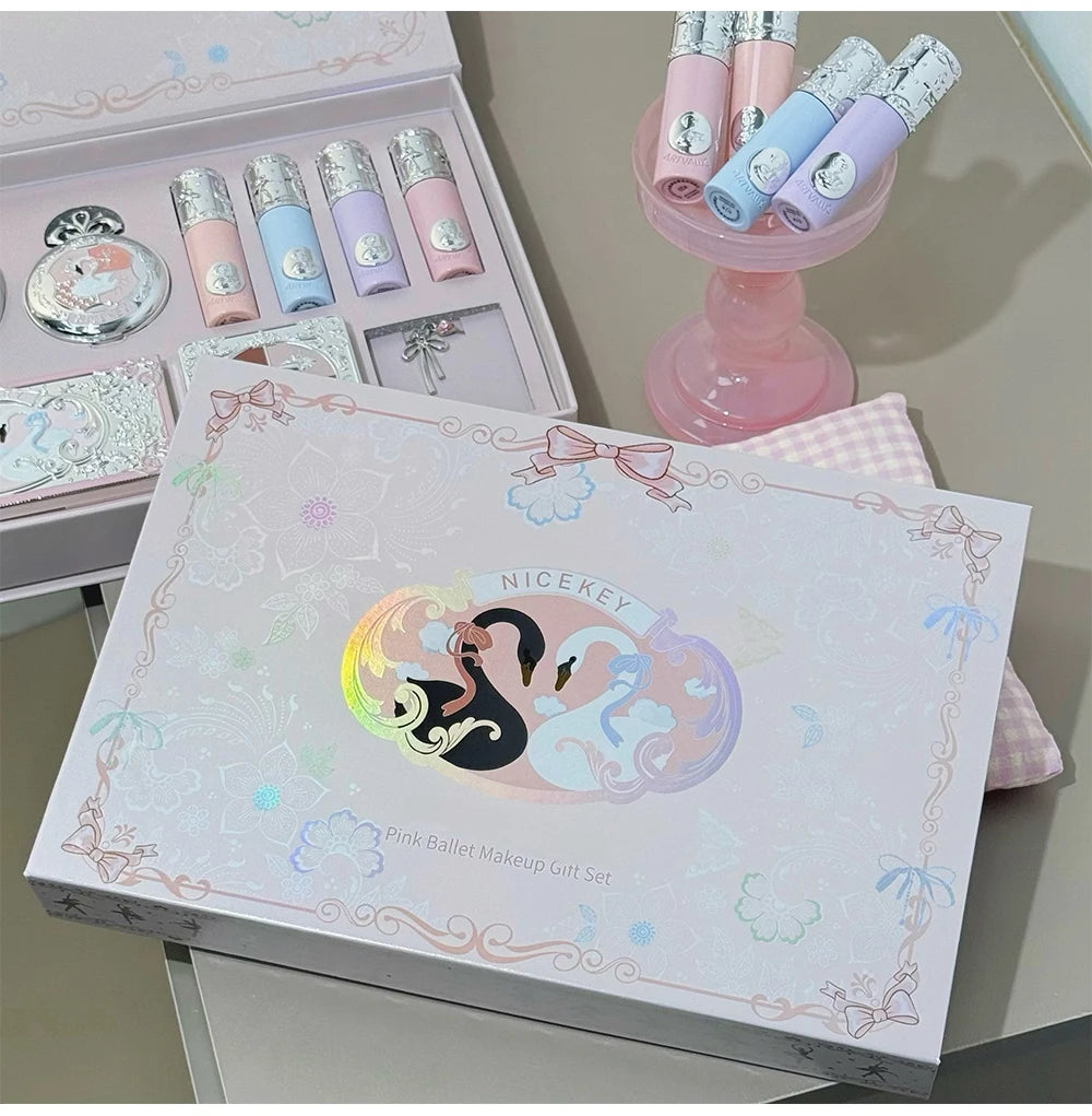 NICEKEY Makeup Kit Include 4 Matte Lipgloss,1 Face Blusher,1 Pressed Powder,1 Eyesshadow Palette,1 Contour Palette With Necklace