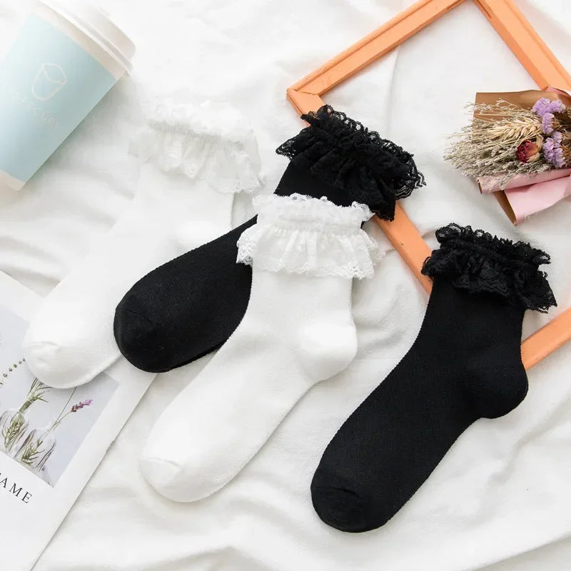 Women's Japanese Lolita JK Ankle Socks Kawaii Cotton with Lace Trim - Cute White/Black Crew Socks for Girls Cosplay Casual Wear