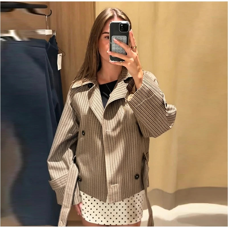 Plaid Cropped Trench Coat Lapel Collar Double Breasted Belted Waist Long Sleeve Women All-match Coats 2026 Autumn Commute Outfit